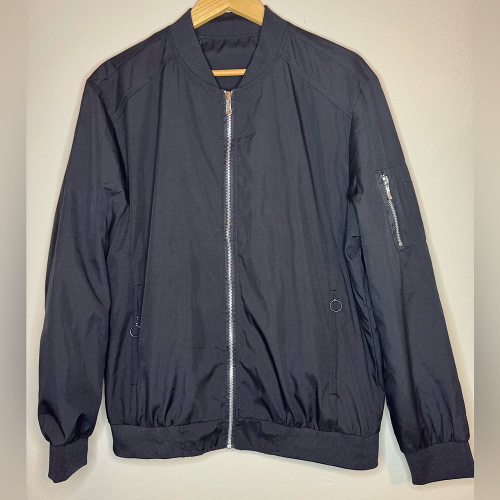 Manfinity Bomber Jacket Mens Medium Black Lightweight‎ Zip Up Minimal Streetwear
